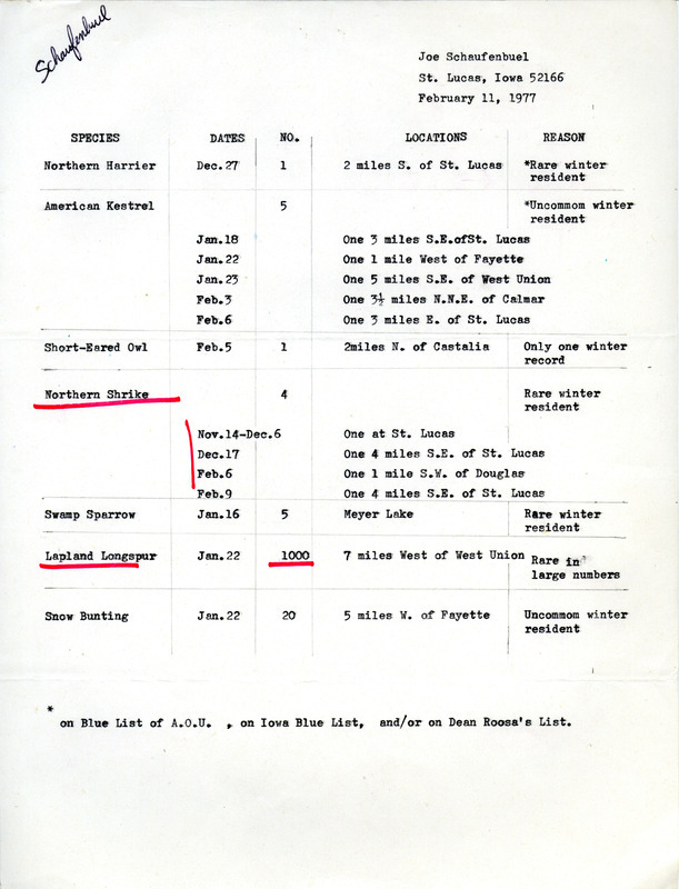 Field notes contributed by Joe Schaufenbuel. This item was used as supporting documentation for the Iowa Ornithologists' Union Quarterly field report of winter 1976-1977.