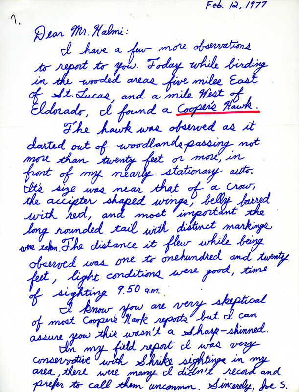 A Cooper's Hawk sighting contributed by Joe Schaufenbuel in a letter to Nicholas S. Halmi. This item was used as supporting documentation for the Iowa Ornithologists' Union Quarterly field report of winter 1976-1977.