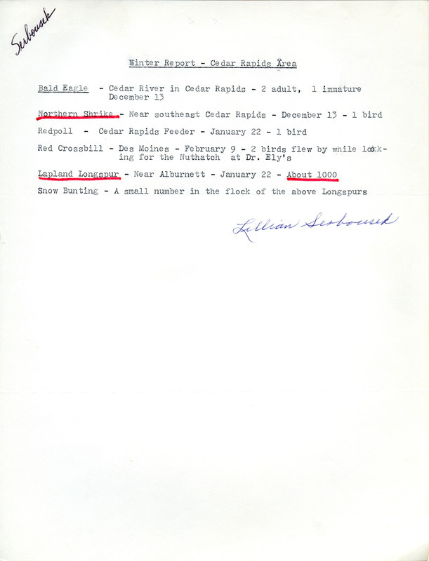 Winter report contributed by Lillian Serbousek. This item was used as supporting documentation for the Iowa Ornithologists' Union Quarterly field report of winter 1976-1977.