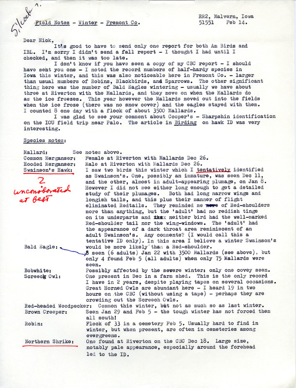 Field notes contributed by W. Ross Silcock in a letter to Nicholas S. Halmi. This item was used as supporting documentation for the Iowa Ornithologists' Union Quarterly field report of winter 1976-1977.