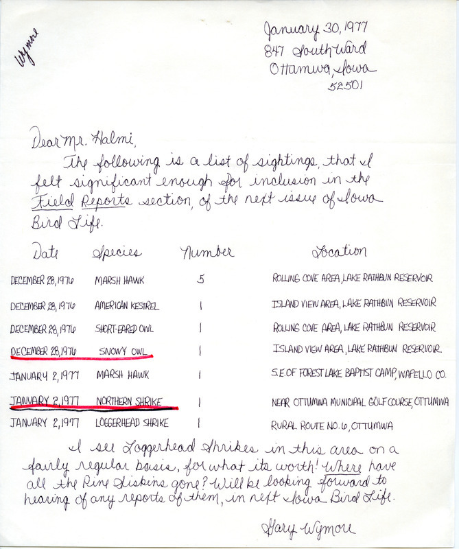 Bird sightings contributed by Gary D. Wymore in a letter to Nicholas S. Halmi. This item was used as supporting documentation for the Iowa Ornithologists' Union Quarterly field report of winter 1976-1977.