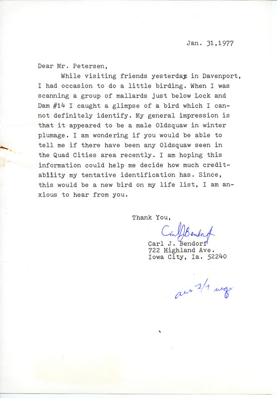 Bird sighting contributed by Carl J. Bendorf in a letter to Peter C. Petersen. This item was used as supporting documentation for the Iowa Ornithologists' Union Quarterly field report of winter, 1976-1977.