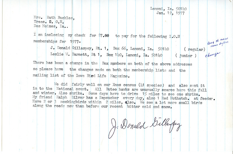 Bird sightings contributed by J. Donald Gillaspey in a letter to Ruth Buckles. This item was used as supporting documentation for the Iowa Ornithologists' Union Quarterly field report of winter 1976-1977.