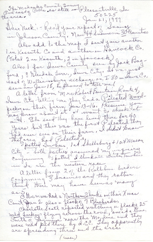 Field notes regarding bird sightings were contributed by Gladys Black in a letter to Nicholas S. Halmi. This item was used as supporting documentation for the Iowa Ornithologists' Union Quarterly field report of winter, 1976-1977.