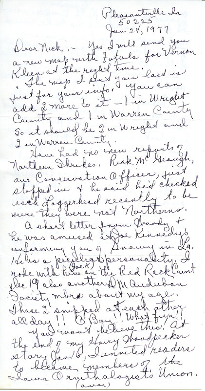 Snowy Owl sightings contributed by Gladys Black in a letter to Nicholas S. Halmi. Gladys is also commenting on a recent increase in Iowa Ornithologists' Union memberships. This item was used as supporting documentation for the Iowa Ornithologists' Union Quarterly field report of winter, 1976-1977.