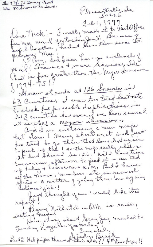 Report of Snowy Owl County contributed by Gladys Black in a letter to Nicholas S. Halmi. This item was used as supporting documentation for the Iowa Ornithologists' Union Quarterly field report of winter, 1976-1977.