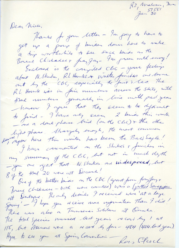 Report contributed by W. Ross Silcock in a letter to Nicholas S. Halmi regarding highlights of the Christmas bird County. The Spotted Sandpiper, Townsend's Solitaire, Northern Shrikes, Rough-legged Hawk, and Bald Eagle are among the species mentioned. This item was used as supporting documentation for the Iowa Ornithologists' Union Quarterly field report of winter 1976-1977.