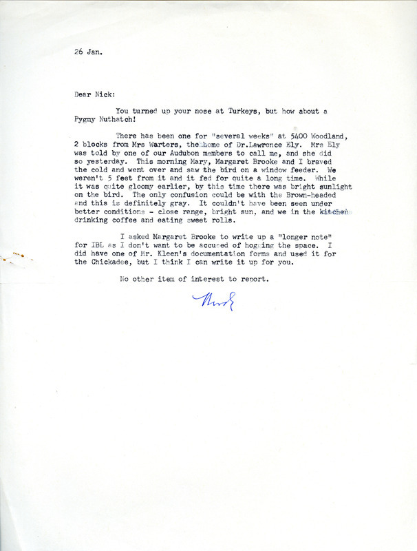 Bird sighting contributed by Woodward H. Brown in a letter to Nicholas S. Halmi.This item was used as supporting documentation for the Iowa Ornithologists' Union Quarterly field report of winter, 1976-1977.