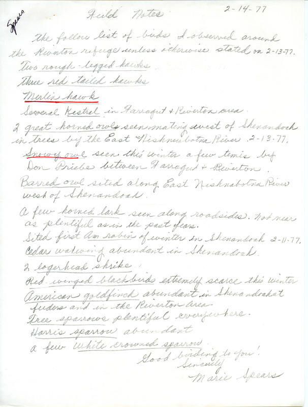 Field notes contributed by Marie Spears. This item was used as supporting documentation for the Iowa Ornithologists' Union Quarterly field report of winter, 1976-1977.