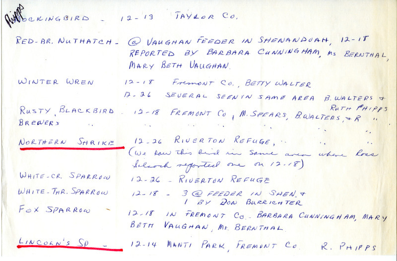 Field notes contributed by Ruth Phipps for winter 1976-1977. This item was used as supporting documentation for the Iowa Ornithologists' Union Quarterly field report of winter 1976-1977.