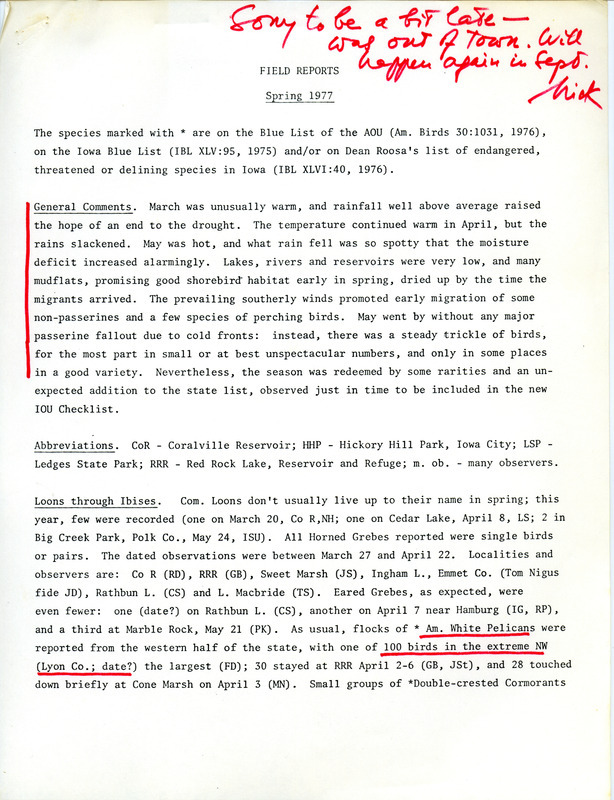 Quarterly field report for the spring of 1977. It is published in Iowa Bird Life 46. The report is a draft with numerous manual annotations.