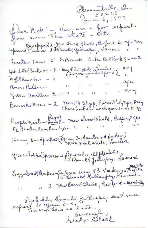 Letter from Gladys Black to Nicholas S. Halmi, regarding bird sighting reports. This item was used as supporting documentation for the Iowa Ornithologists' Union Quarterly Report of spring 1977.