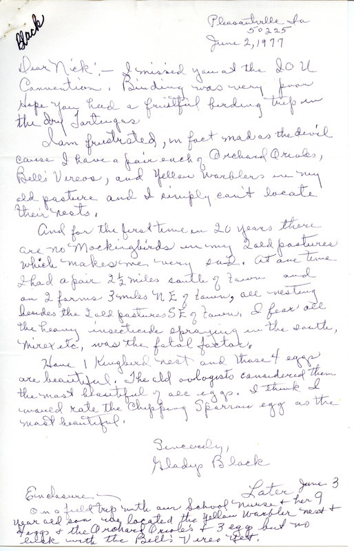 Letter from Gladys Black to Nicholas S. Halmi, regarding bird watching and sightings. Item includes notes on observations by bird type. This item was used as supporting documentation for the Iowa Ornithologists' Union Quarterly Report of spring 1977.