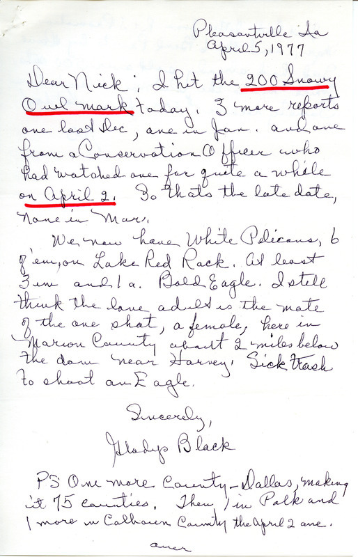 Letter from Gladys Black to Nicholas S. Halmi, regarding bird sightings. This item was used as supporting documentation for the Iowa Ornithologists' Union Quarterly Report of spring 1977.