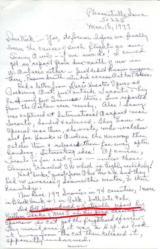 Letter from Gladys Black to Nicholas S. Halmi, regarding bird sighting reports. Sightings reported include a partially leucistic robin. This item was used as supporting documentation for the Iowa Ornithologists' Union Quarterly Report of spring 1977.