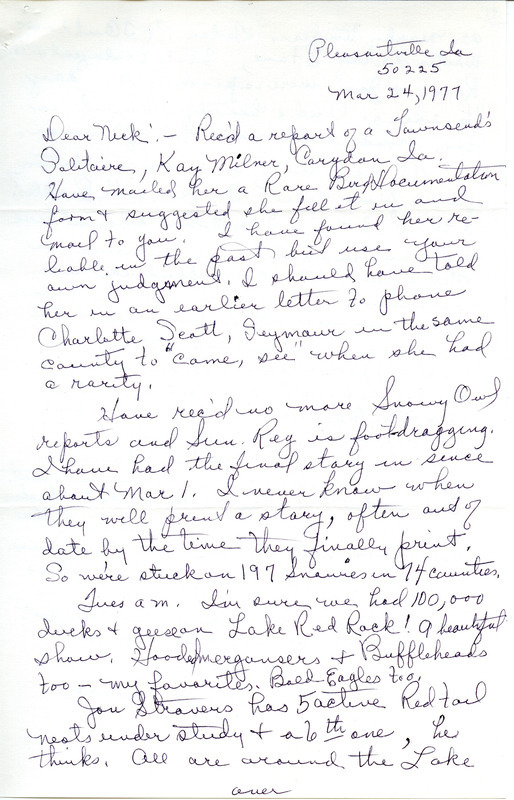 Letter from Gladys Black to Nicholas S. Halmi, regarding bird sighting reports. This item was used as supporting documentation for the Iowa Ornithologists' Union Quarterly Report of spring 1977.