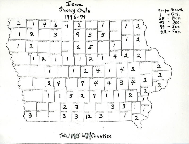 Map of Iowa Snowy Owl sightings by county, 1976-1977. This item was used as supporting documentation for the Iowa Ornithologists' Union Quarterly Report of spring 1977.