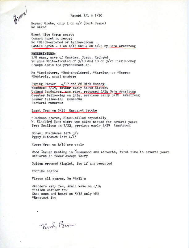 Report of bird sightings submitted by Woodward H. Brown. This item was used as supporting documentation for the Iowa Ornithologists' Union Quarterly field report of spring 1977.