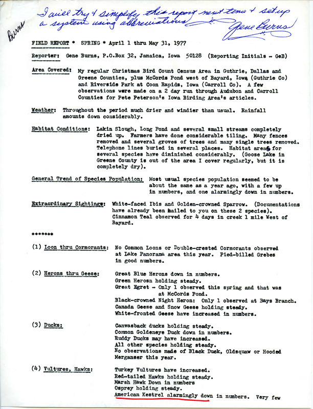 Report of bird sightings submitted by Gene Burns. This item was used as supporting documentation for the Iowa Ornithologists' Union Quarterly field report of spring 1977.