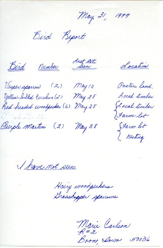 Report of bird sightings submitted by Marie Carlson. This item was used as supporting documentation for the Iowa Ornithologists' Union Quarterly field report of spring 1977.