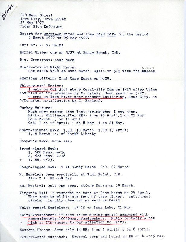 Report of bird sightings submitted by Rich DeCoster from March 1 to May 25, 1977. This item was used as supporting documentation for the Iowa Ornithologists' Union Quarterly field report of spring 1977.