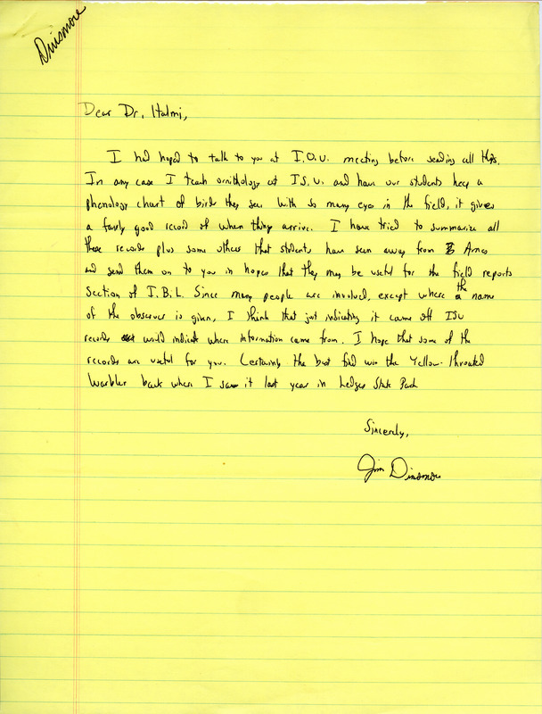 Letter and field notes from James J. Dinsmore to Nicholas S. Halmi, reporting bird sightings by type. This item was used as supporting documentation for the Iowa Ornithologists' Union Quarterly Report of spring 1977.