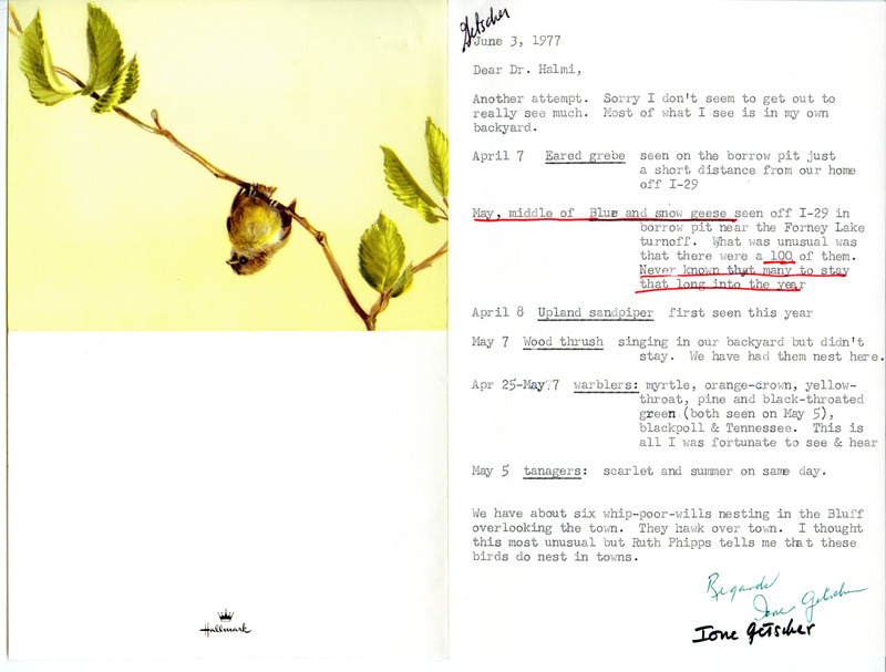 Letter from Ione Getscher to Nicholas S. Halmi, regarding bird sightings. The message was sent on a card that includes an illustration of a bird on the cover. This item was used as supporting documentation for the Iowa Ornithologists' Union Quarterly Report of spring 1977.