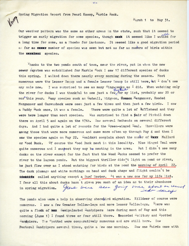 Annotated spring migration report by Pearl Knoop, March 1 to May 31 for sightings in the Marble Rock area. This item was used as supporting documentation for the Iowa Ornithologists' Union Quarterly Report of spring 1977.