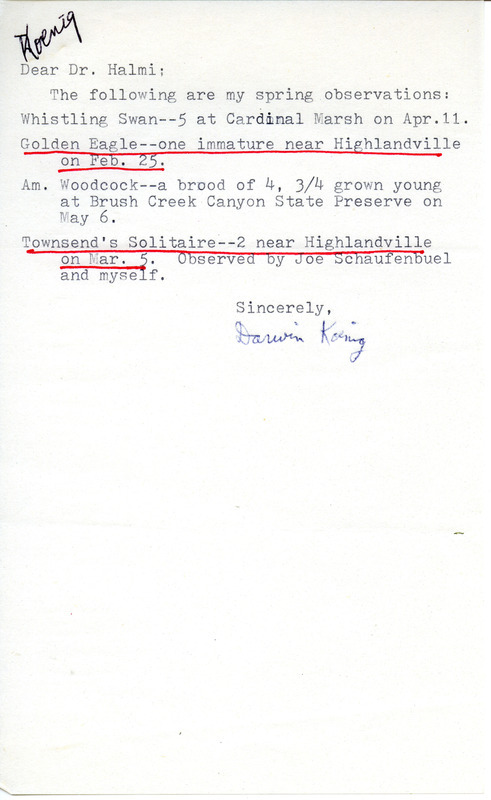 Letter from Darwin Koenig to Nicholas S. Halmi regarding bird sightings. This item was used as supporting documentation for the Iowa Ornithologists' Union Quarterly Report of spring 1977.