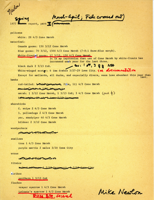 Annotated report by Michael C. Newlon on migratory birds and their arrival dates for Spring of 1977 in the Iowa City area. This item was used as supporting documentation for the Iowa Ornithologists' Union Quarterly field report of spring 1977.