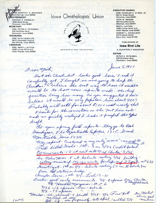 Letter from Peter C. Petersen to Nicholas S. Halmi, regarding the production of a species checklist and reporting on spring bird sightings and nettings in central eastern Iowa. This item was used as supporting documentation for the Iowa Ornithologists' Union Quarterly Report of spring 1977.