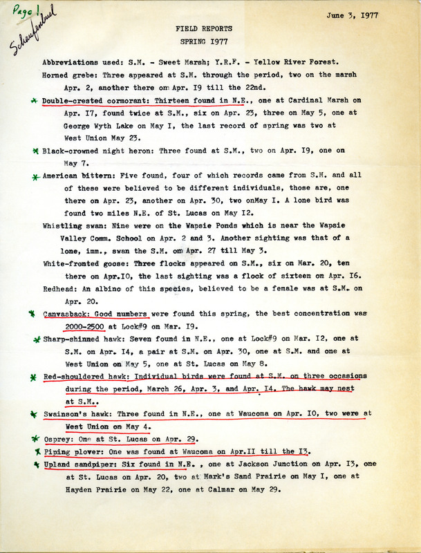 Report and addendum submitted by Joseph P. Schaufenbuel for birds sighted northeastern Iowa during the spring of 1977. These items were used as supporting documentation for the Iowa Ornithologists' Union Quarterly field report of spring 1977.