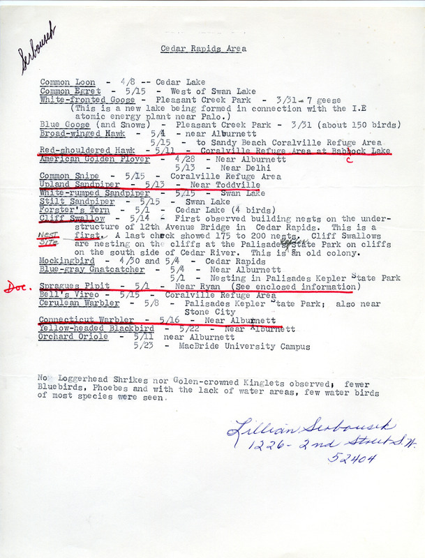 Reports of bird sightings near Cedar Rapids submitted by Lillian Serbousek. This item was used as supporting documentation for the Iowa Ornithologists' Union Quarterly field report of spring 1977.