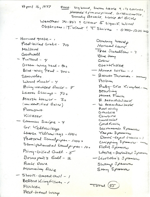 Number of sightings by bird species in various locations around the Iowa City area as reported by Thomas A. Kent and Thomas K. Shires, April 16, 1977. This item was used as supporting documentation for the Iowa Ornithologists' Union Quarterly field report of spring 1977.