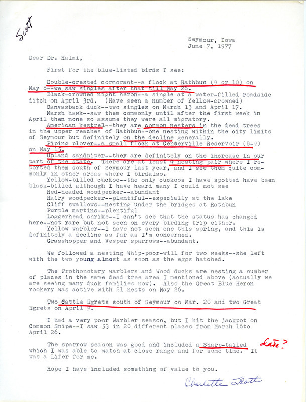 Annotated letter from Charlotte Scott to Nicholas S. Halmi reporting blue-listed birds in the Seymour, Iowa area, June 7, 1977. This item was used as supporting documentation for the Iowa Ornithologists' Union Quarterly Report of spring 1977.