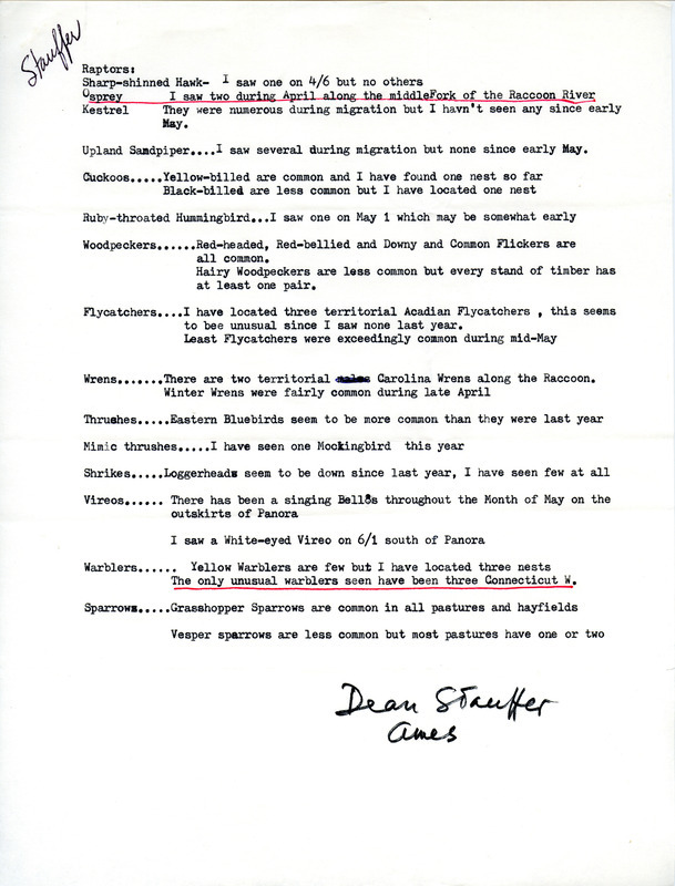 Annotated report of bird sightings submitted by Dean F. Stauffer. This item was used as supporting documentation for the Iowa Ornithologists' Union Quarterly field report of spring 1977.