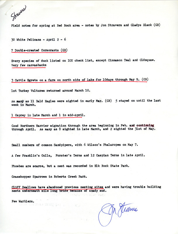 Field notes and checklist of birds observed in the Red Rock area and during the Spring of 1977 submitted by Jon Stravers and Gladys Black. This item was used as supporting documentation for the Iowa Ornithologists' Union Quarterly field report of spring 1977.