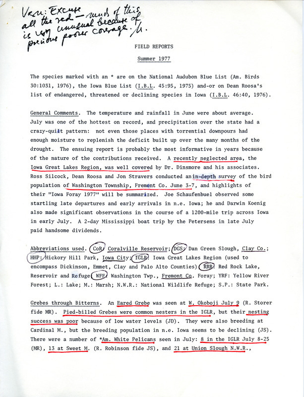 Quarterly field report for the summer of 1977. This item is a draft with numerous manual annotations.