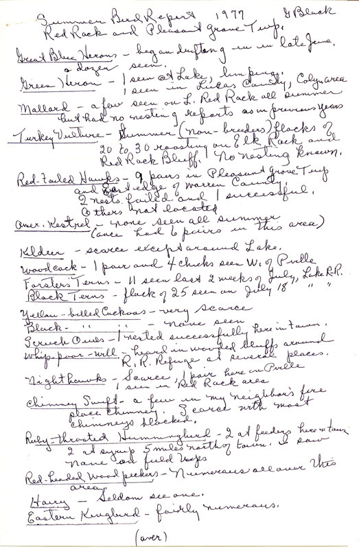 Summer bird report of sightings at Lake Red Rock and Pleasant Grove Township submitted by Gladys Black, 1977. This item was used as supporting documentation for the Iowa Ornithologists' Union Quarterly field report of summer 1977.