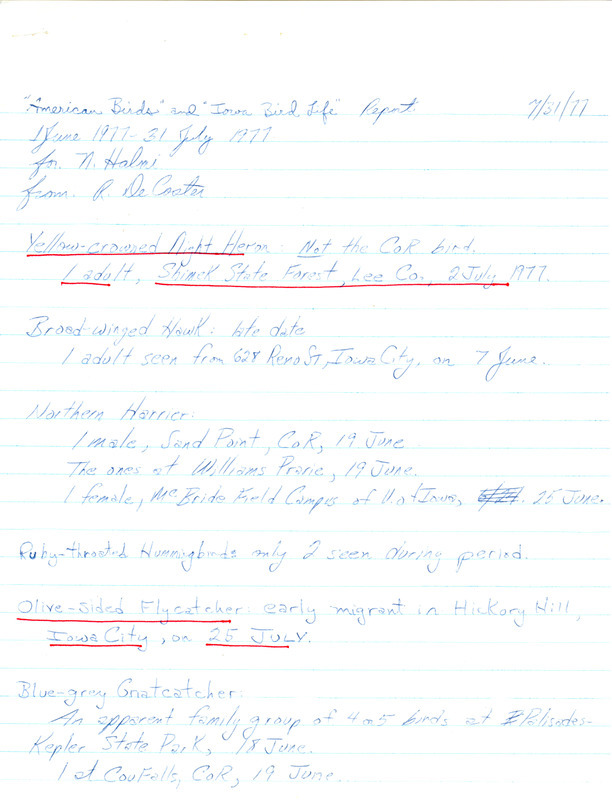 American Birds and Iowa Bird Life sightings report from June 1 through July 31, 1977, submitted by Rich DeCoster. This item was used as supporting documentation for the Iowa Ornithologists' Union Quarterly field report of summer 1977.