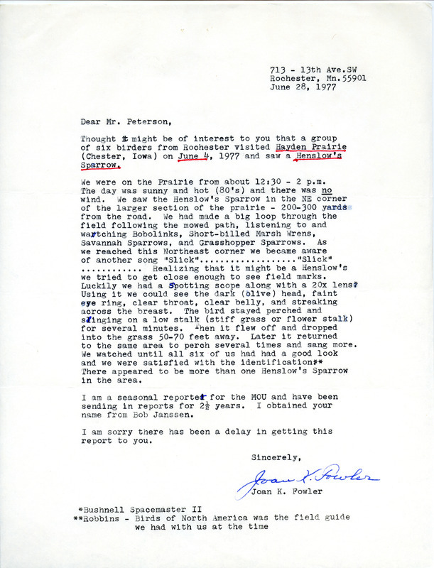 Letter from Joan K. Fowler to Peter C. Petersen regarding bird sightings, June 28, 1977. The document mentions a June 4 sighting of a Henslow's Sparrow at Hayden Prairie in Chester Iowa. This item was used as supporting documentation for the Iowa Ornithologists' Union Quarterly field report of summer 1977.