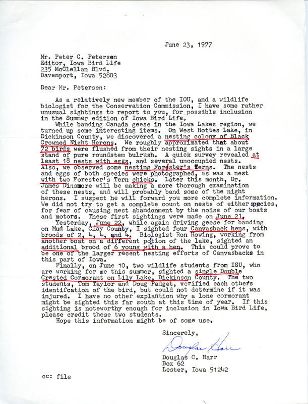 Letter from Douglas C. Harr to Peter C. Petersen regarding bird sightings, June 23, 1977. The document includes sightings of Black-Crowned Night Herons and Forester Terns at West Hottes Lake in Dickinson County, Canvasback Hens at Mud Lake in Clay County, and a Double Crested Cormorant at Lily Lake in Dickinson County. This item was used as supporting documentation for the Iowa Ornithologists' Union Quarterly field report of summer 1977.