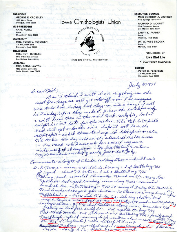 Letter from Peter C. Petersen to Nicholas S. Halmi regarding bird sightings, July 30, 1977. This item was used as supporting documentation for the Iowa Ornithologists' Union Quarterly field report of summer 1977.