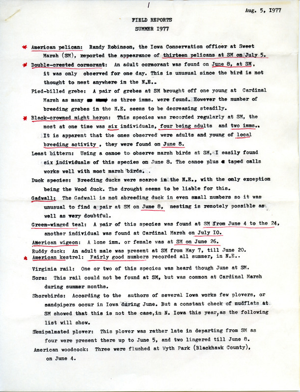 Field report for summer 1977 bird sightings, August 5, 1977. This item was used as supporting documentation for the Iowa Ornithologists' Union Quarterly field report of summer 1977.