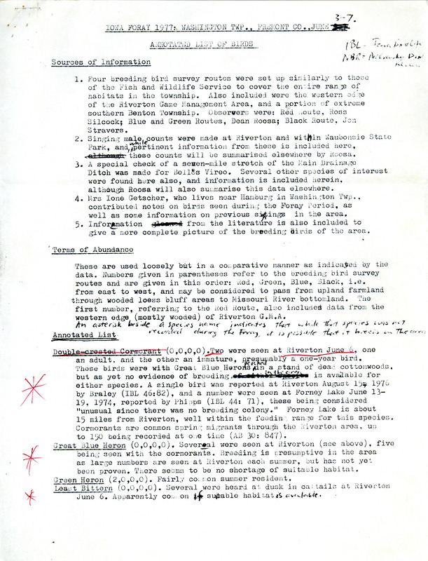 Annotated list of birds sightings seen along several routes located in Washington Township in Fremont County as well as parts of the Riverton Wildlife Management Area and the Township of Benton, June 3-7. Observers include Ross W. Silcock, Dean M. Roosa, and Jon Stravers. This item was used as supporting documentation for the Iowa Ornithologists' Union Quarterly field report of summer 1977.