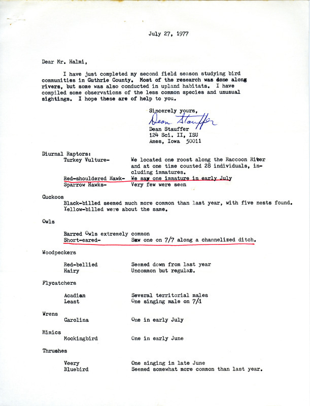 Letter from Dean F. Stauffer to Nicholas S. Halmi regarding bird sightings in Guthrie County, July 27, 1977. Notes regarding Red-Shouldered Hawks, Short-Eared Owls, and Shrikes are underlined. This item was used as supporting documentation for the Iowa Ornithologists' Union Quarterly field report of summer 1977.