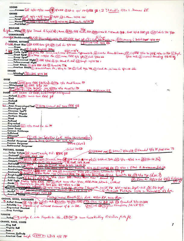 Bird sighting checklist. This item was used as supporting documentation for the Iowa Ornithologists Union Quarterly field report of fall 1977.