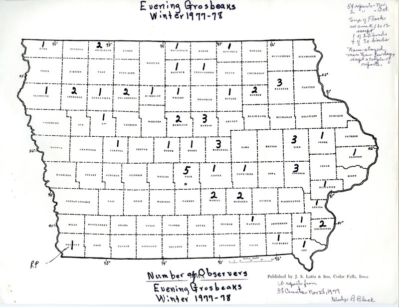 Map of Iowa Evening Grosbeak sightings by county contributed by Gladys Black. This item was used as supporting documentation for the Iowa Ornithologists Union Quarterly field report of fall 1977.