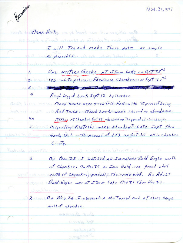 Field notes contributed by Dick Bierman in a letter to Nicholas S. Halmi. This item was used as supporting documentation for the Iowa Ornithologists Union Quarterly field report of fall 1977.