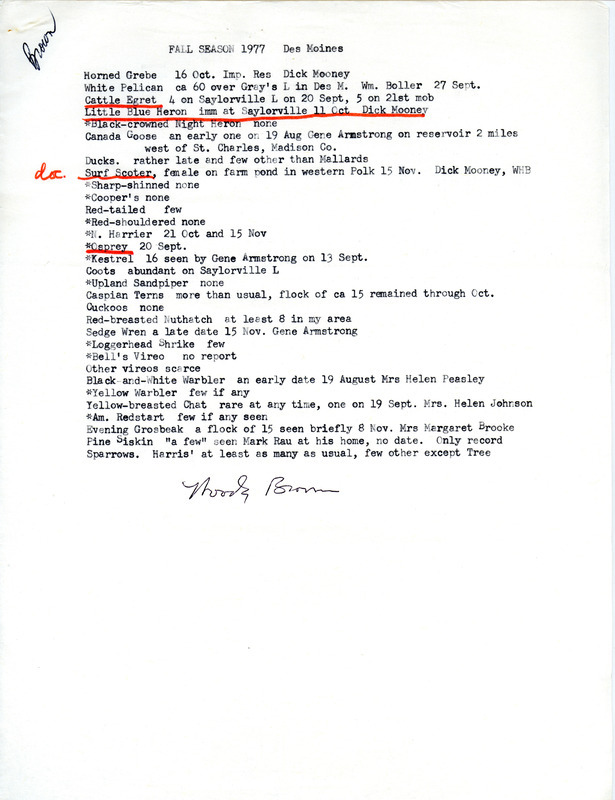 List of birds and locations contributed by Woodward H. Brown with observers William Boller, Richard Mooney, Eugene Armstrong and others. This item was used as supporting documentation for the Iowa Ornithologists Union Quarterly field report of fall 1977.